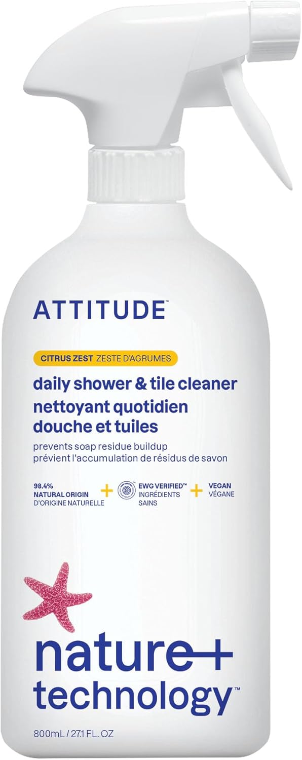 ATTITUDE Shower & Tile Cleaner, EWG Verified, Plant-Based & Vegan Bathroom Spray, Removes Soap Scum