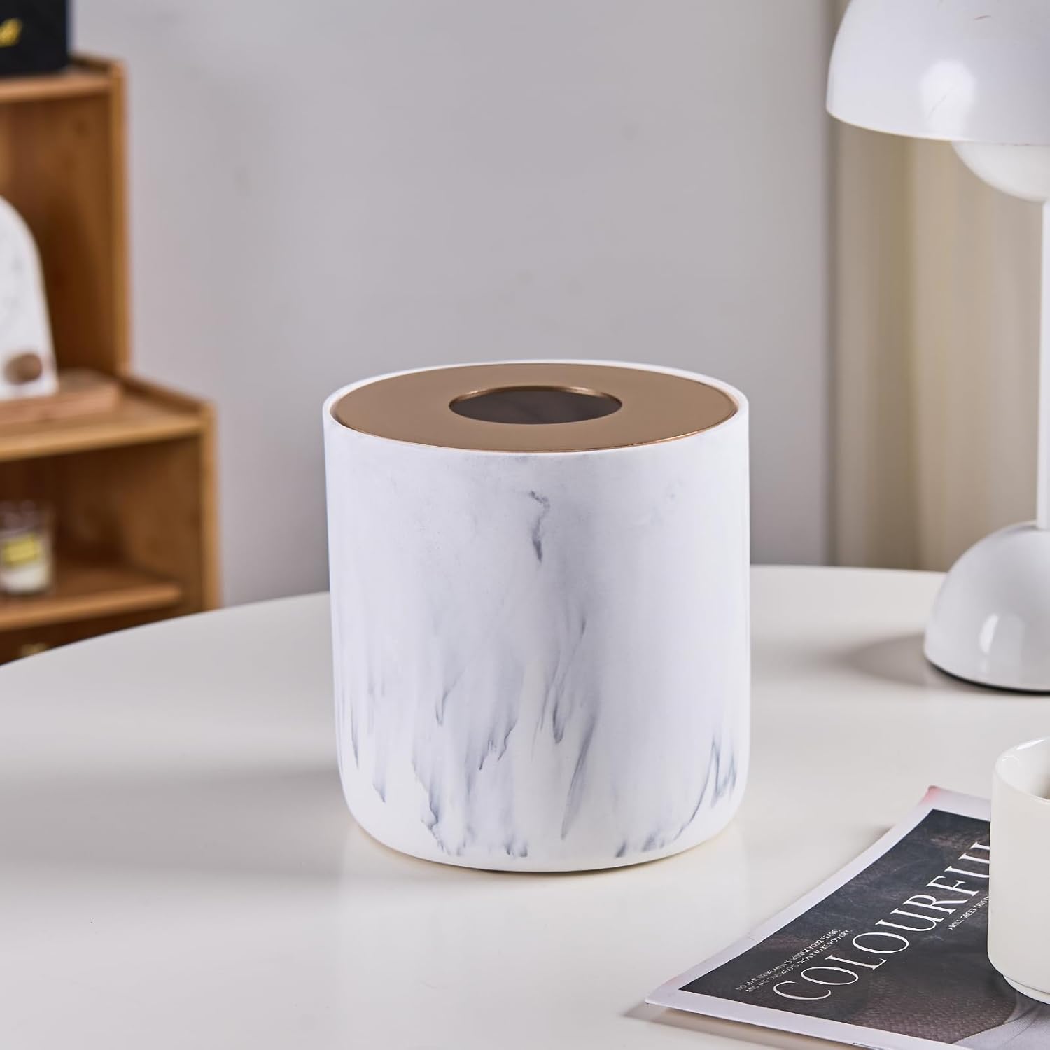 White Marble Textural Mini Trash Can with Rose Gold Stainless Steel Lid, Small Countertop Trash Can