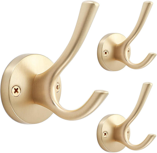 Gold Coat Hooks for Wall, 3 Pack Towel Hook Heavy Duty Metal Double Bath Robe Hook Wall Mount, Hat