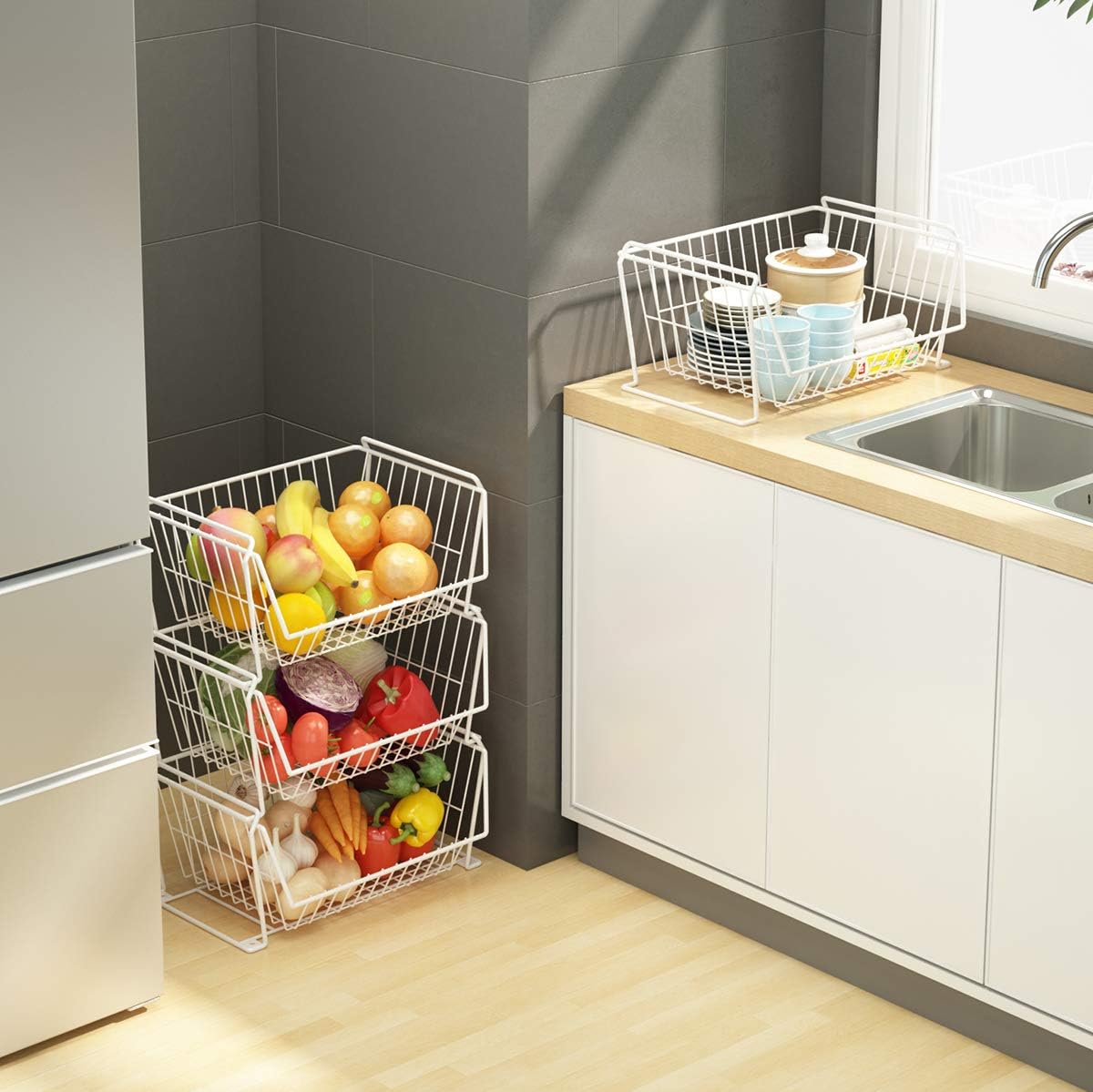 PUSDON Stackable Metal Storage Carts, Dual Use Shelf for Kitchen Fruit Vegetable Baskets with