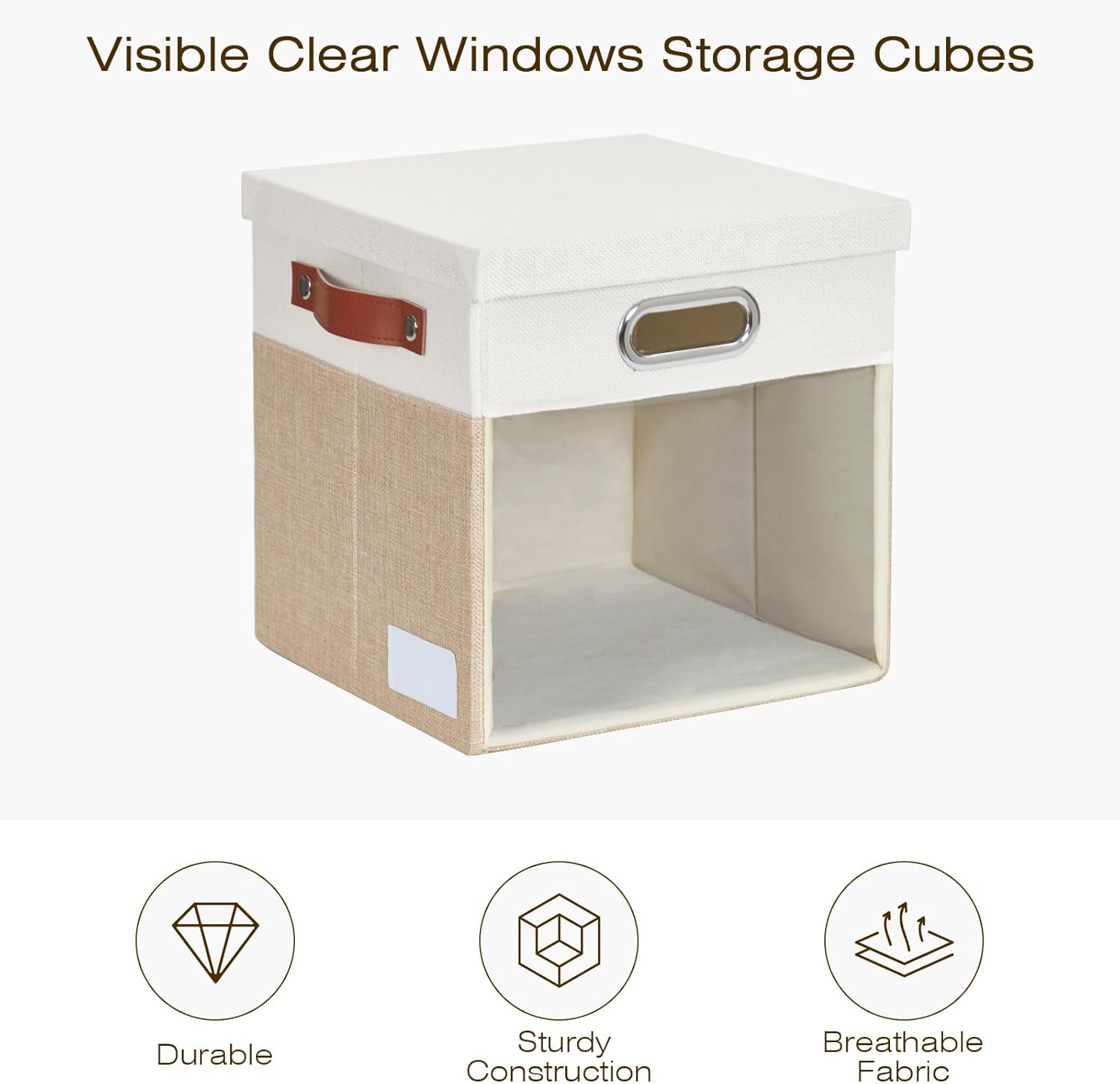 Fabric Storage Cubes with Clear Windows and Lids, 13'' Foldable Storage Bins with 3 Handles