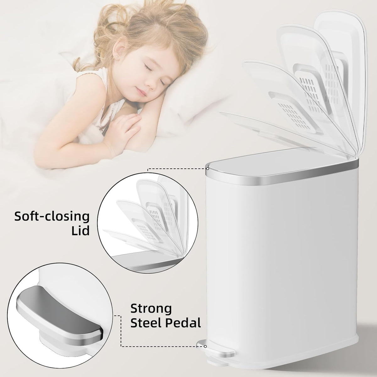 KUK Slim Bathroom Trash Can with Lid Soft Close, Step Pedal, 2.6 Gal/ 10L Stainless Steel Garbage