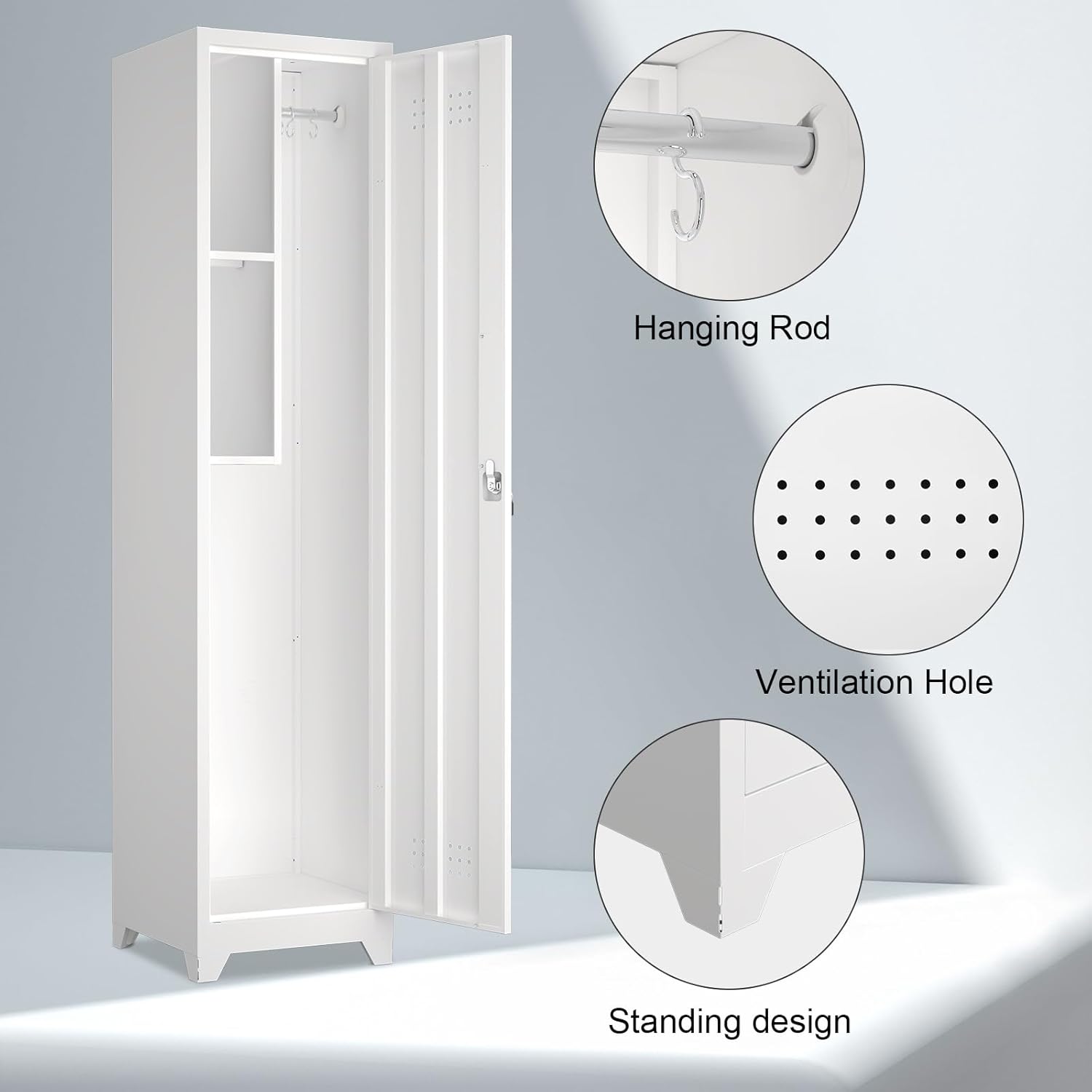 Slim Broom Storage Cabinets, Metal Cabinet with Shelves and Hanging Rod, 65" Utility Storage