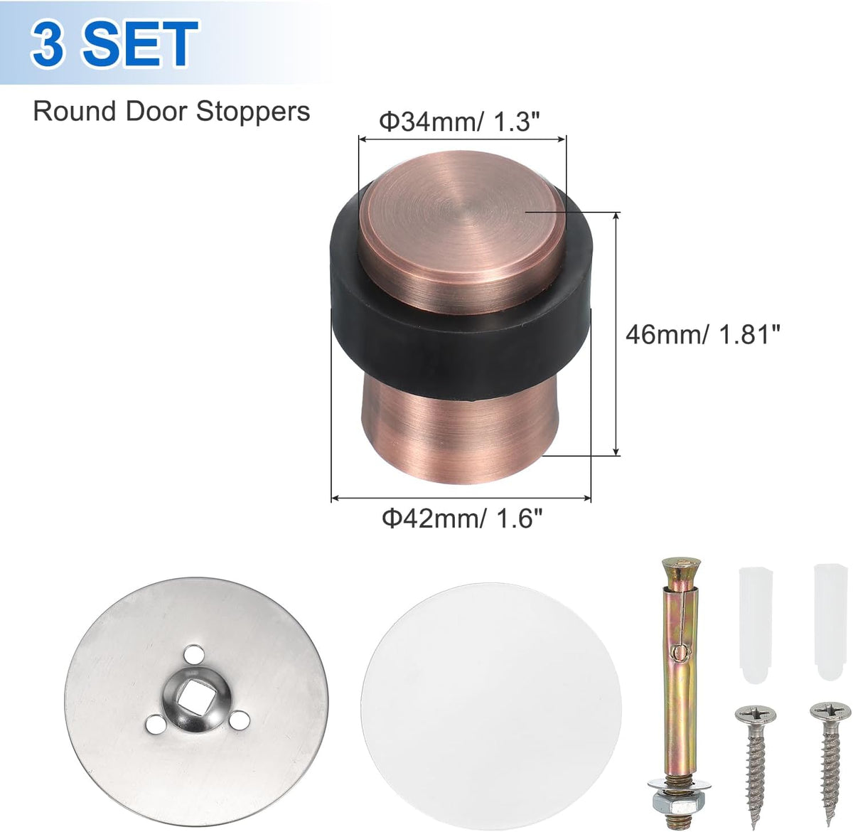 PATIKIL 3Set Round Door Stoppers, 46mm Stainless Steel Door Stop Doorstop Wedge Metal Cylinder Self