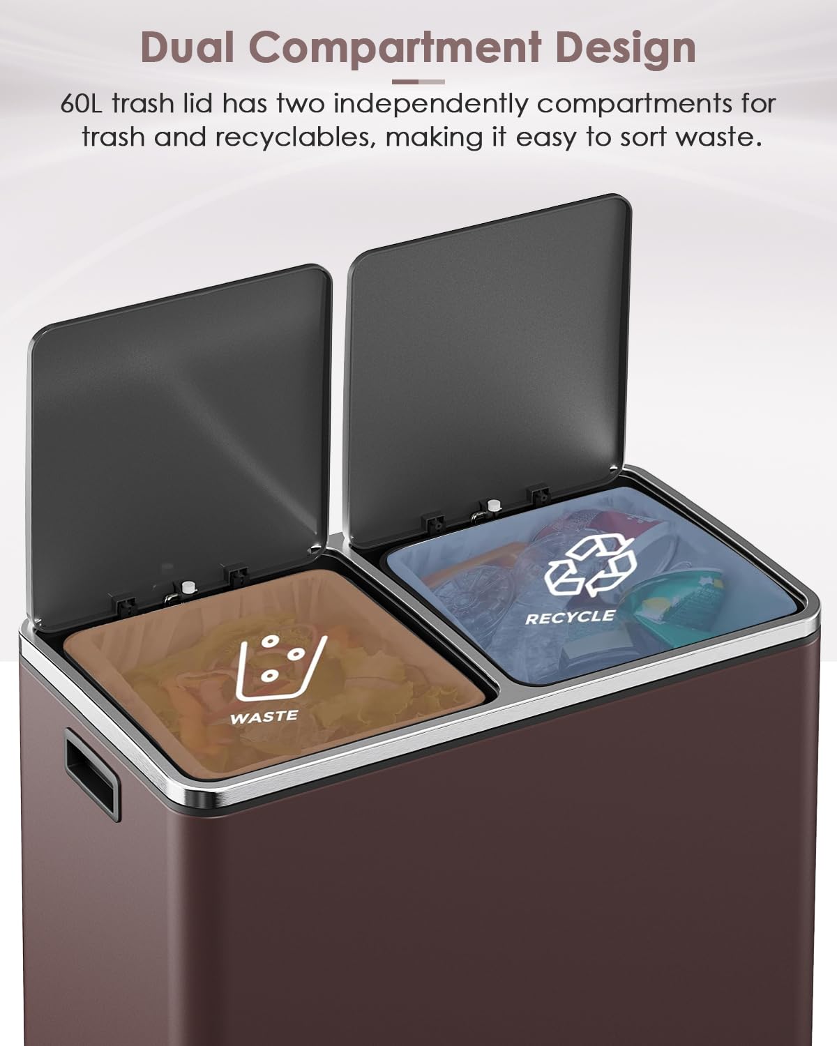 AthLike 60L(16 Gal) Dual Trash Can, Stainless Steel Kitchen Garbage Can, Double Compartment
