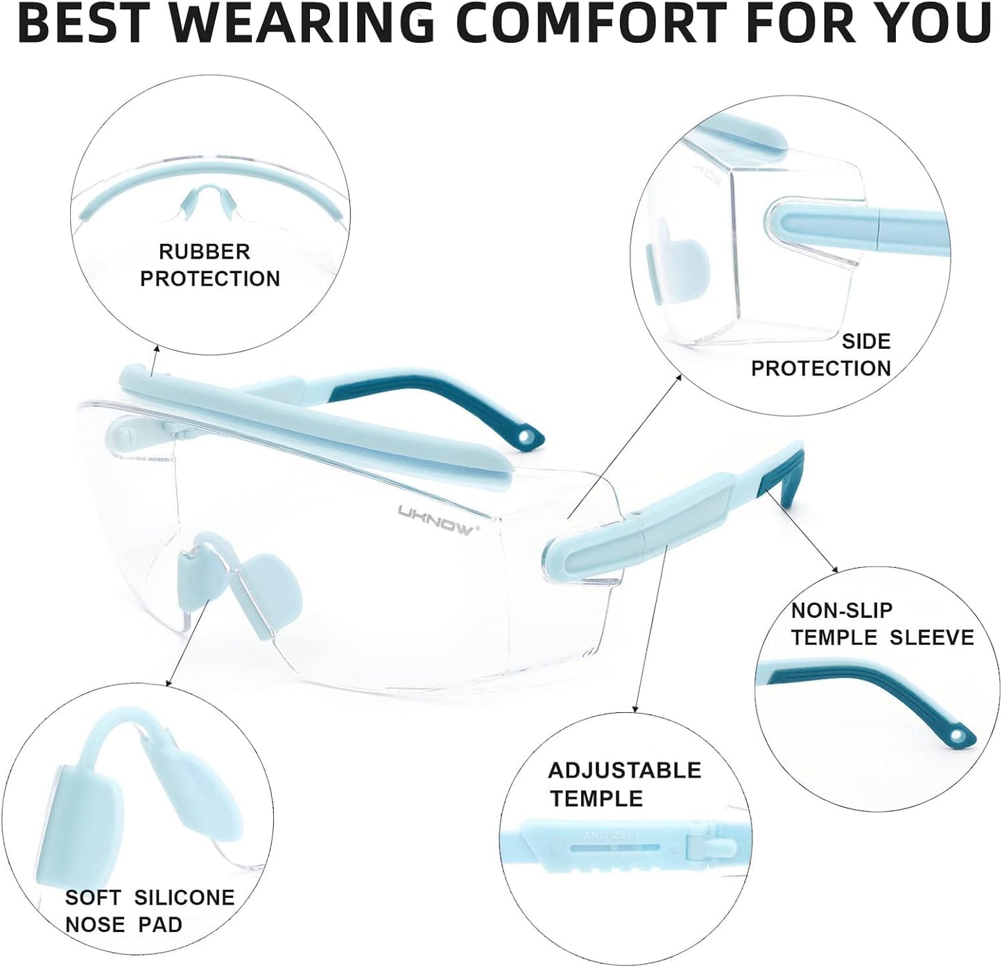 UKNOW Safety Goggles Over Glasses, Safety Glasses Anti Fog Wraparound Eye Protection, Protective