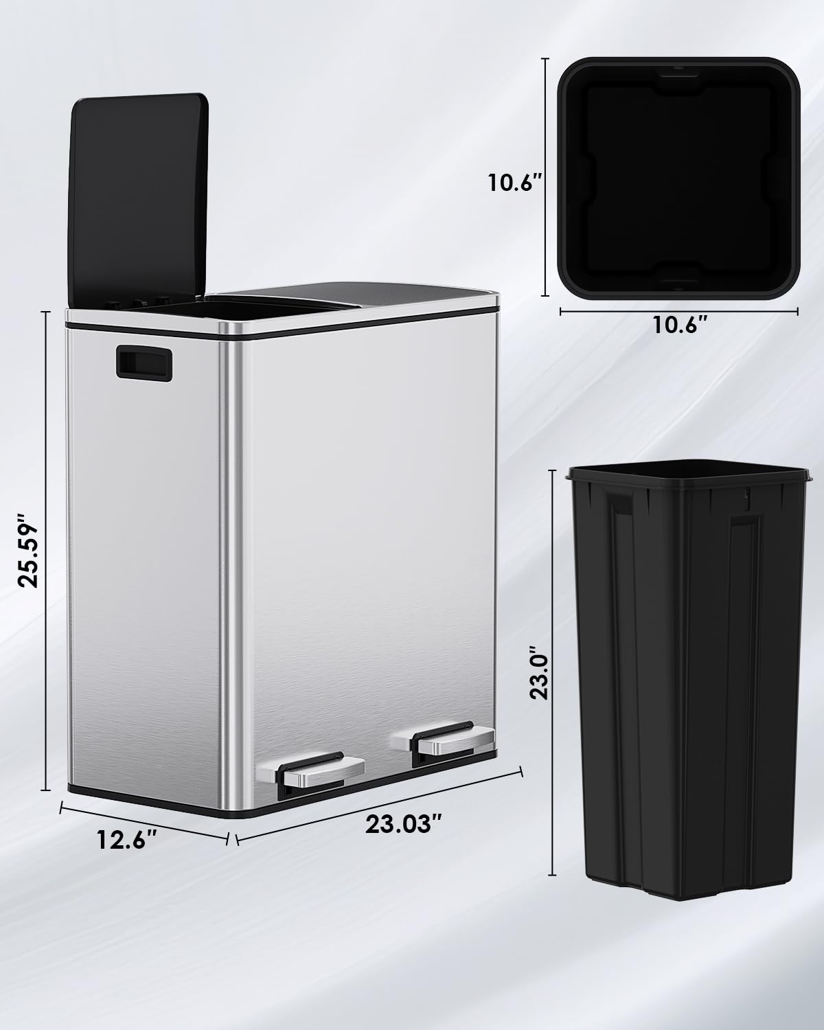 Arlopu 16 GallonStainless Steel Trash Can, 60L Dual Compartment, Metal Kitchen Step Recycle Bin