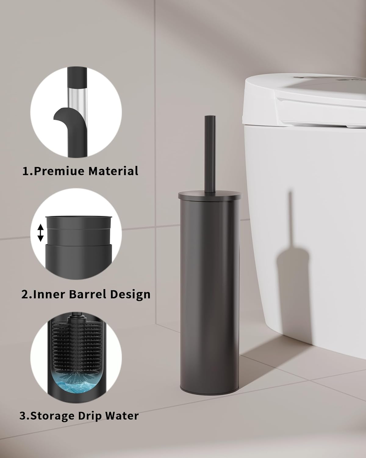 Toilet Brush and Holder Set, Stainless Steel Toilet Bowl Brush with Lid, Rust Proof Toilet Cleaner
