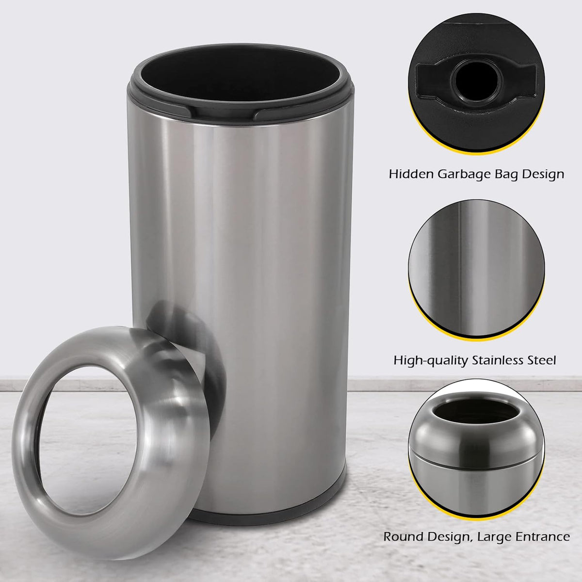 Dyna-Living Stainless Steel Trash Can Outdoor Large Garbage Can with Lid Open Top Trash Bin