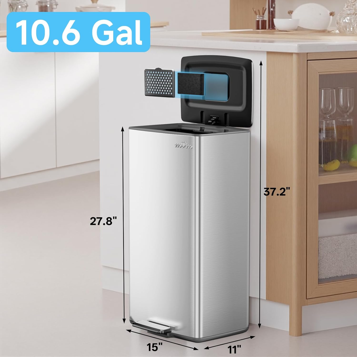 mVm 10.6 Gallon Heavy Duty Step Trash Can with Lid, Foldable Foot Pedal Bin for Kitchen Office
