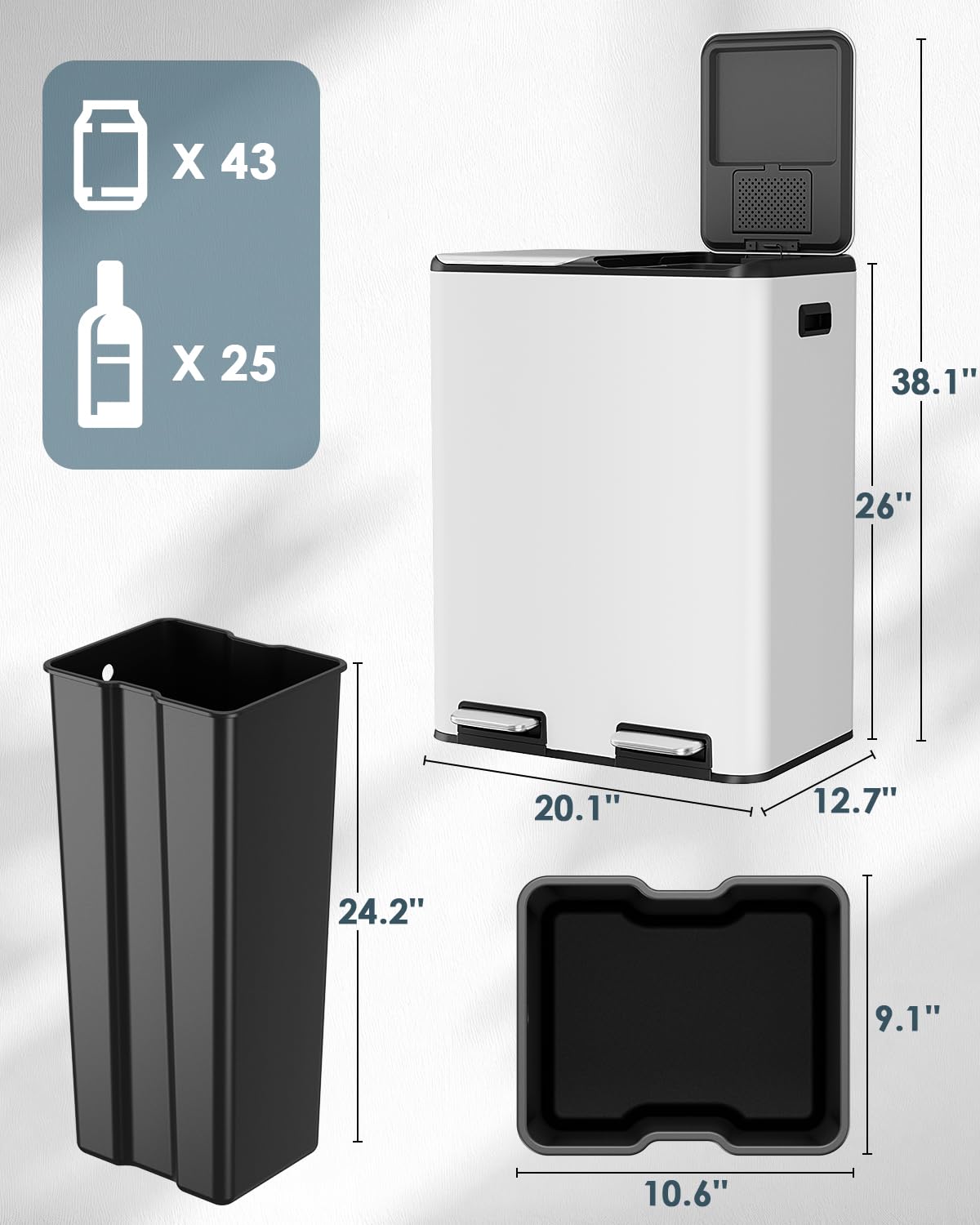 Arlopu 16Gal Dual Trash Can w/2 Built-in Box for Odor Control, Hands-Free Kitchen Garbage Bin