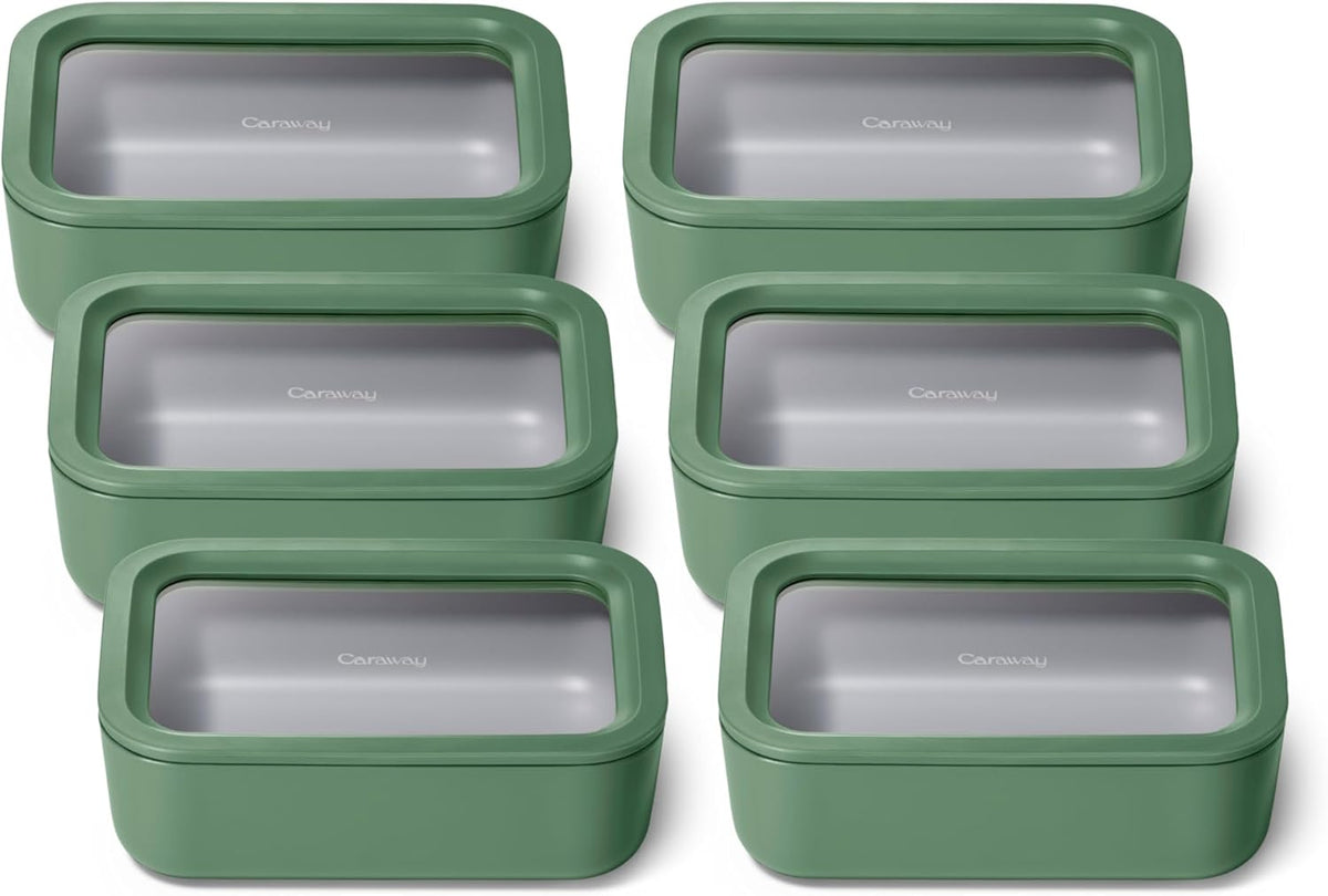 Caraway 6pc Glass Food Storage Set – 6.6 Cup Food Containers (6) - Ceramic Coated - Non Toxic, Non
