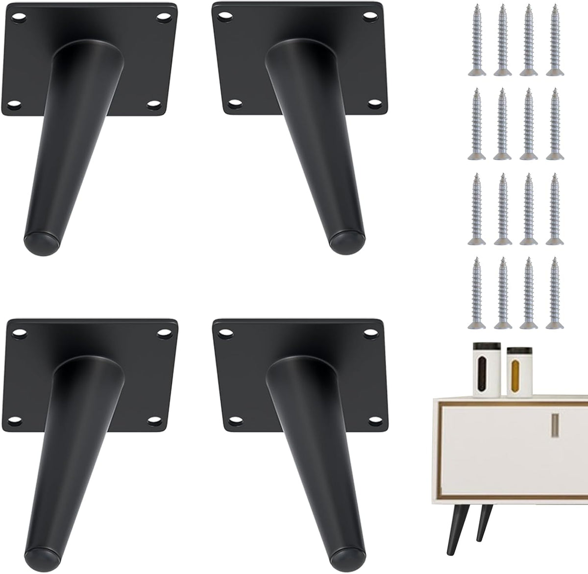 4PCS 4 Inch Matte Black Tapered Angled Legs for Furniture, Metal Mid Century Mordern Feet, Heavy