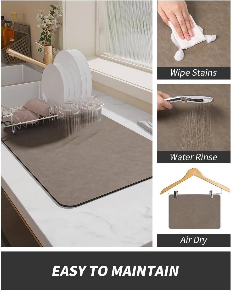 AMOAMI Coffee Mat Hide Stain Rubber Backed Absorbent Dish Drying Mat for Kitchen Counter - Brown