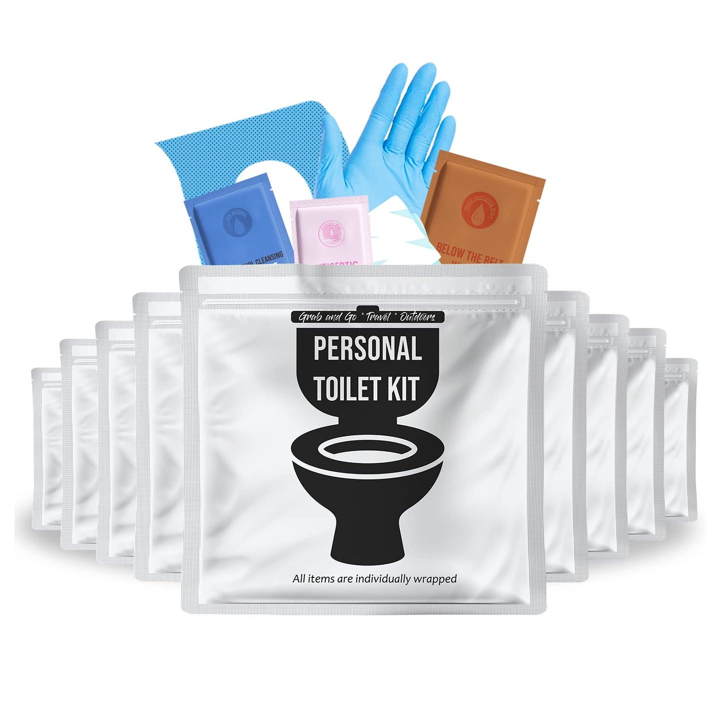 Personal Toilet Kit To Go – 10 Pack | Disposable Public Restroom Kit | Individually Wrapped for