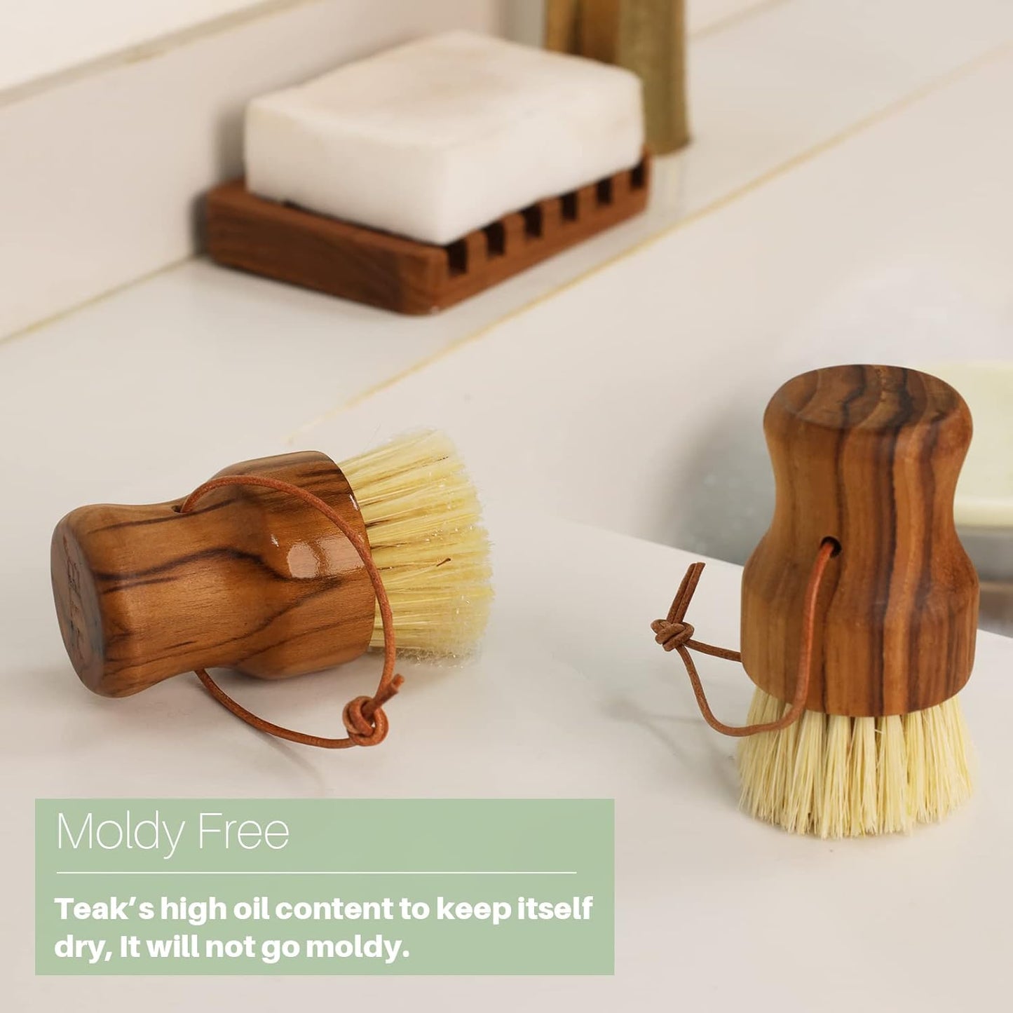 Teak Dish Scrub Brush 3PCS by HTB, Good Grip Small Wooden Dish Brush with Teak Handle & Sisal