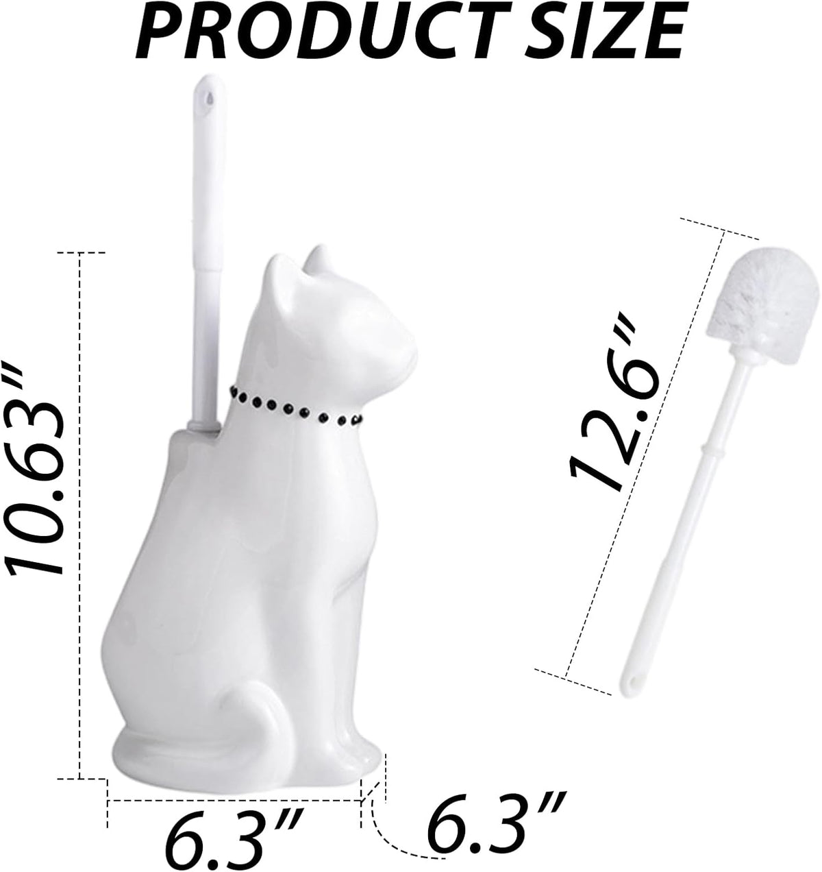 Comeon Ceramic Cat White/Black Toilet Brush and Holder Set, Plastic Handled Scrub Brush for