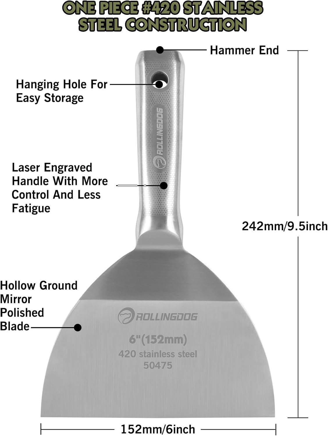 ROLLINGDOG 6 inch Putty Knife - 420 Stainless Steel Spackle Knife Drywall Knife One Piece Mirror