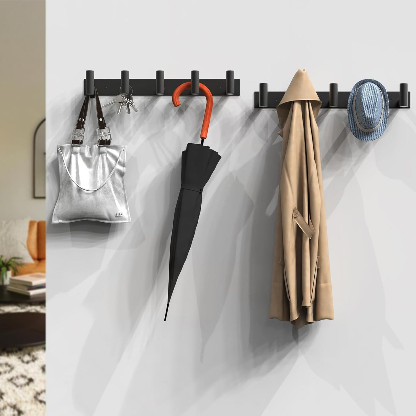 VAEHOLD Black Hat and Coat Wall Mount Rack 5 Hooks for Robes, Bags, Keys, and Towels Bathroom Towel