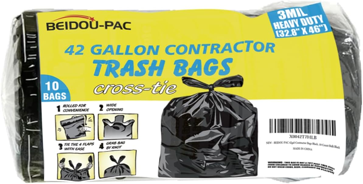 Contractor Heavy Duty Trash Bags 42 Gallon | 10 Count | 3 MIL | 32.8" X 46" | Large Black Flap Tie