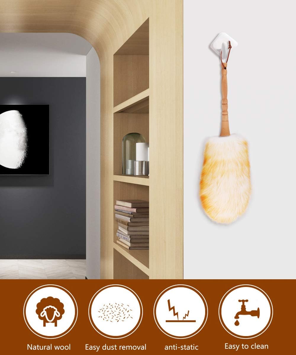 Lambswool Duster with Solid Wooden Handle,Leather Hang Strap,18.9 inch Long,Natural Feather Duster