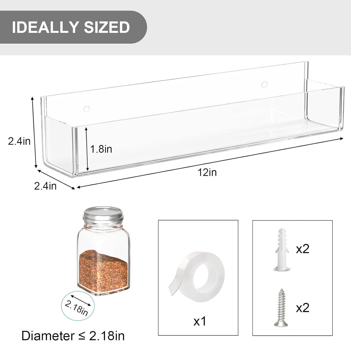 PMMASTO Adhesive Acrylic Spice Rack Organizer for Wall with 2 Nano Double Sided Tape, Spice Shelf