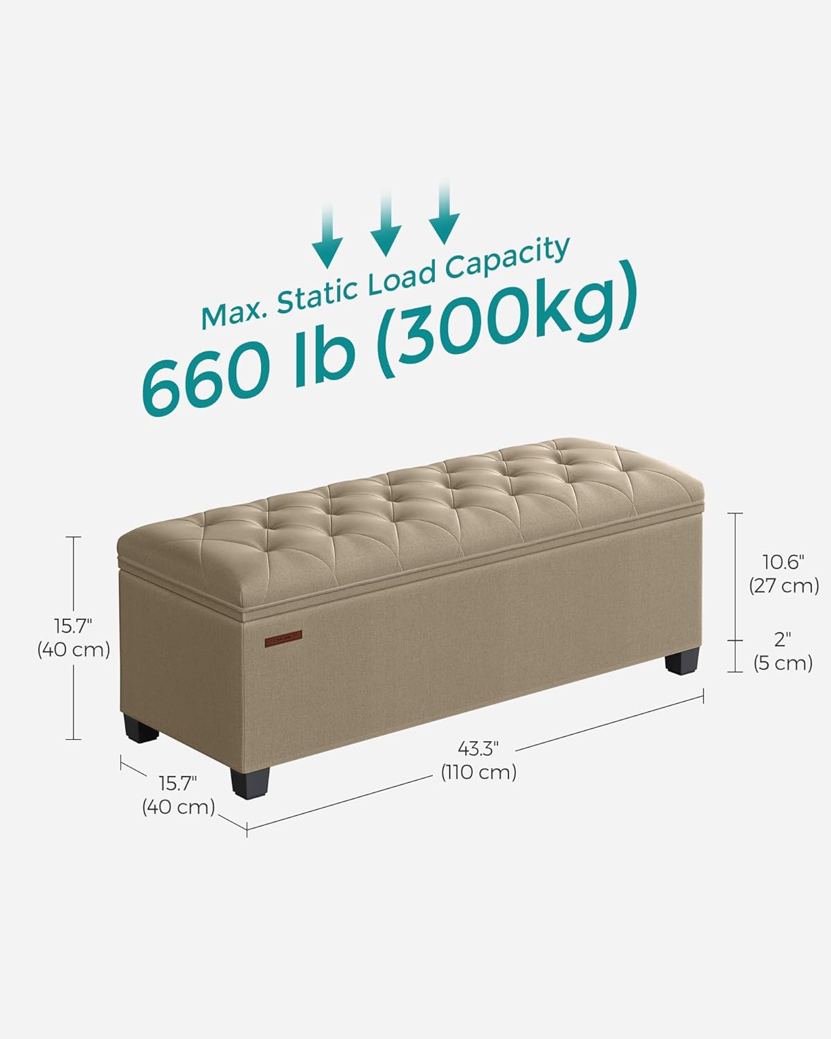 SONGMICS Storage Ottoman Bench, Foot Rest with Legs, 15.7 x 43.3 x 15.7 Inches, End of Bed Bench