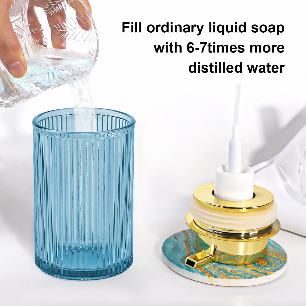Blue Foaming Soap Dispenser, 12 Oz Glass Foaming Hand Soap Dispenser with Gold Pump, Bathroom