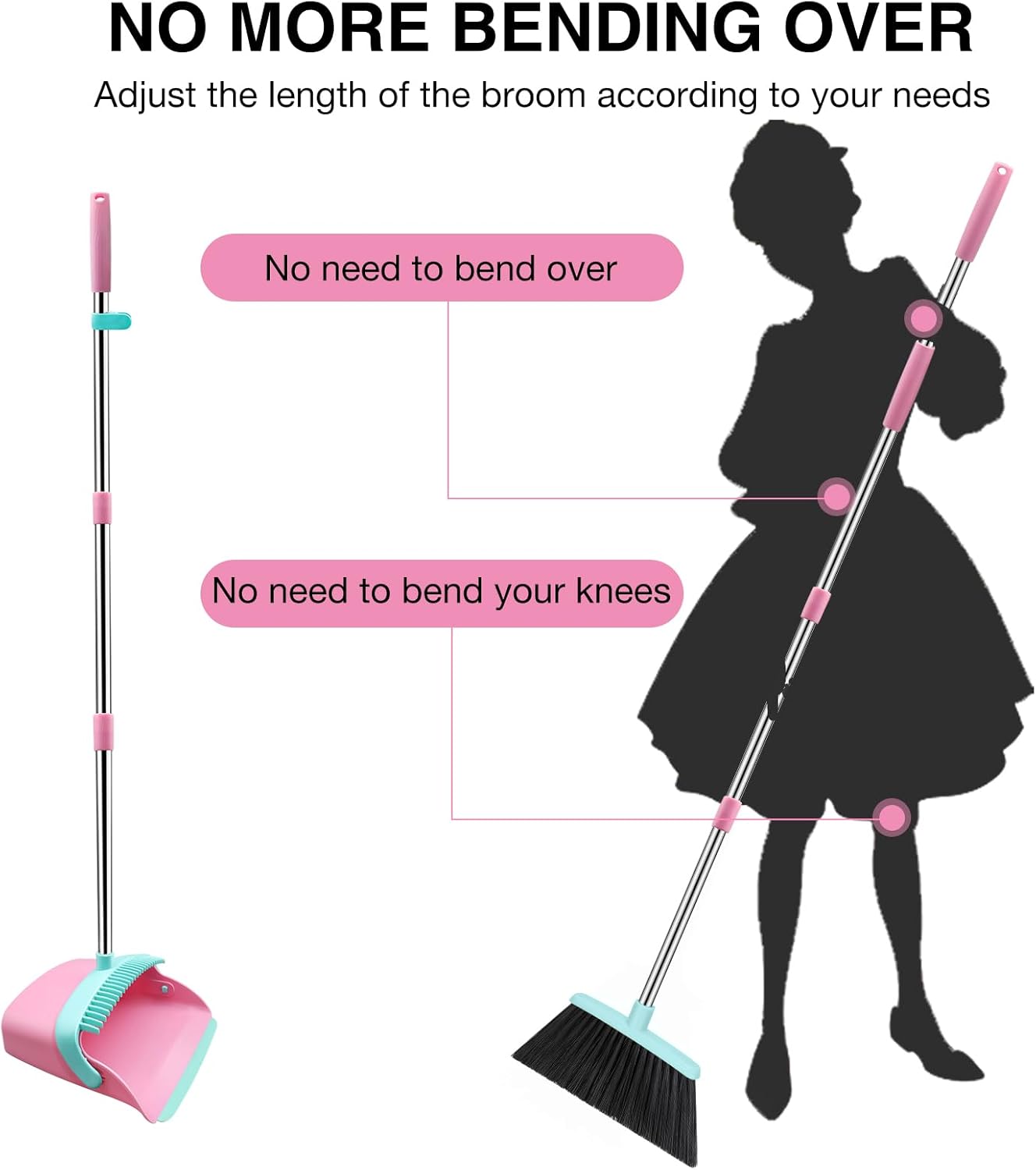 Broom and Dustpan Set, 52-in Long Adjustable Handle Broom Dustpan Combo with Dust pan Teeth to
