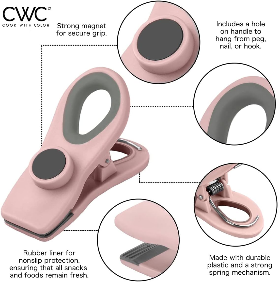 COOK WITH COLOR Bag Clips - Heavy Duty Chip Clip and Refrigerator Magnet Clips for Food Storage