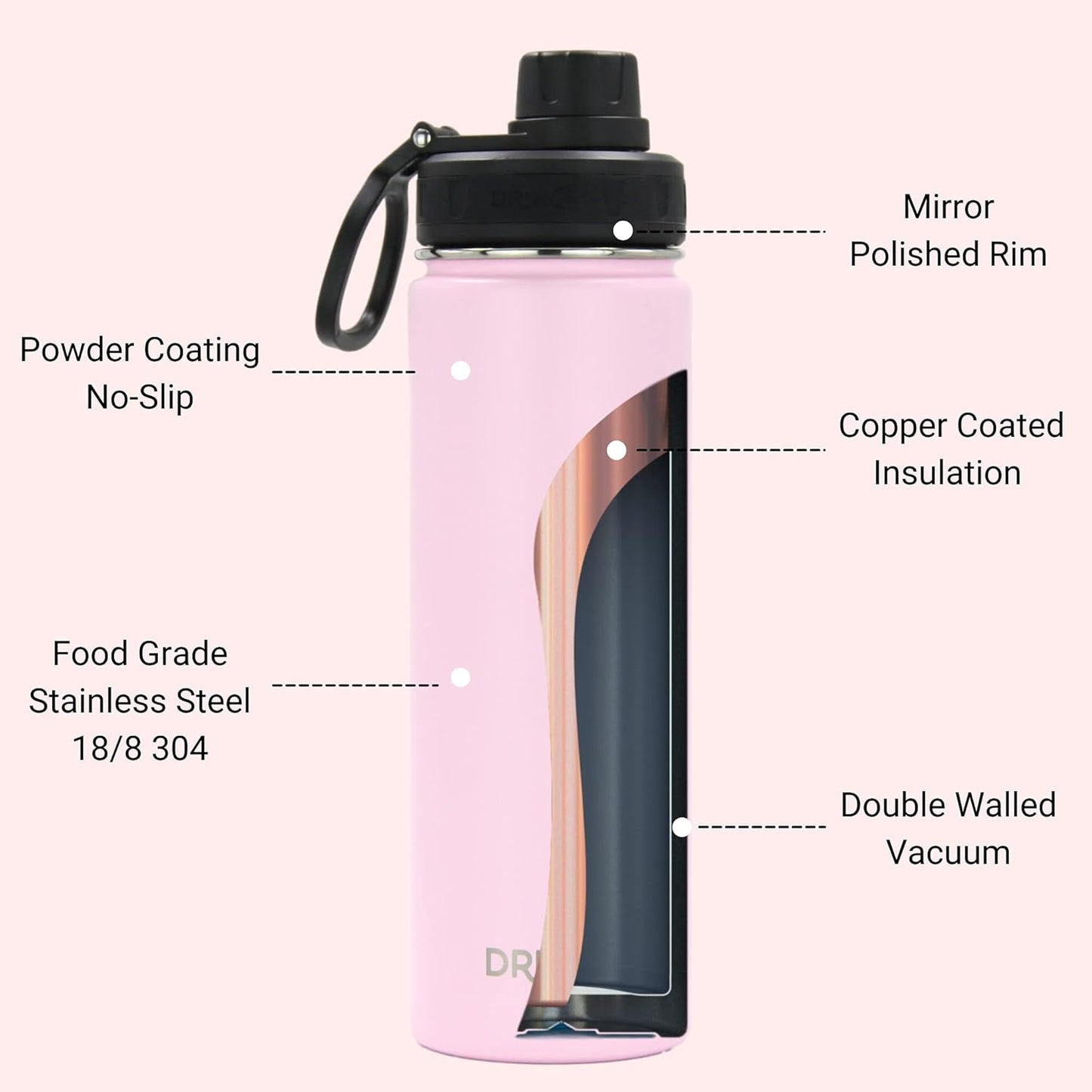 DRINCO Stainless Steel Water Bottle Spout Lid Vacuum Insulated Double Wall Water Bottle Wide Mouth