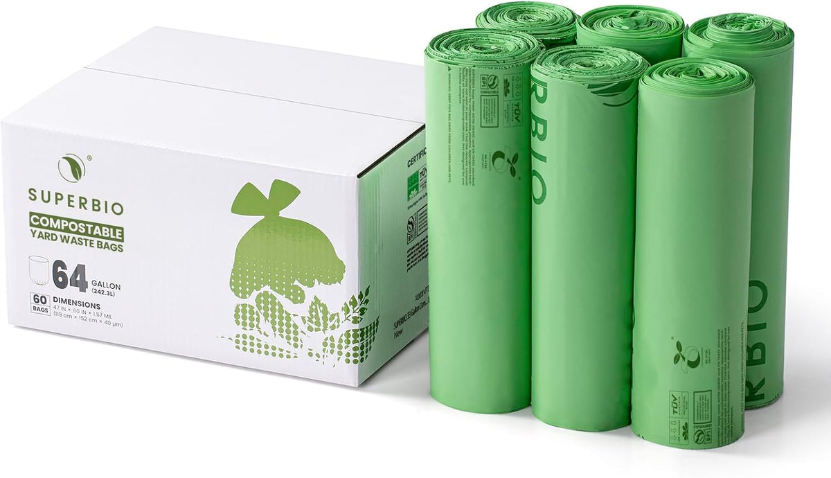 SUPERBIO 64 Gallon Compostable Yard Waste Bags, Lawn & Leaf Bags, 242.3L (60 Count Bulk), Heavy