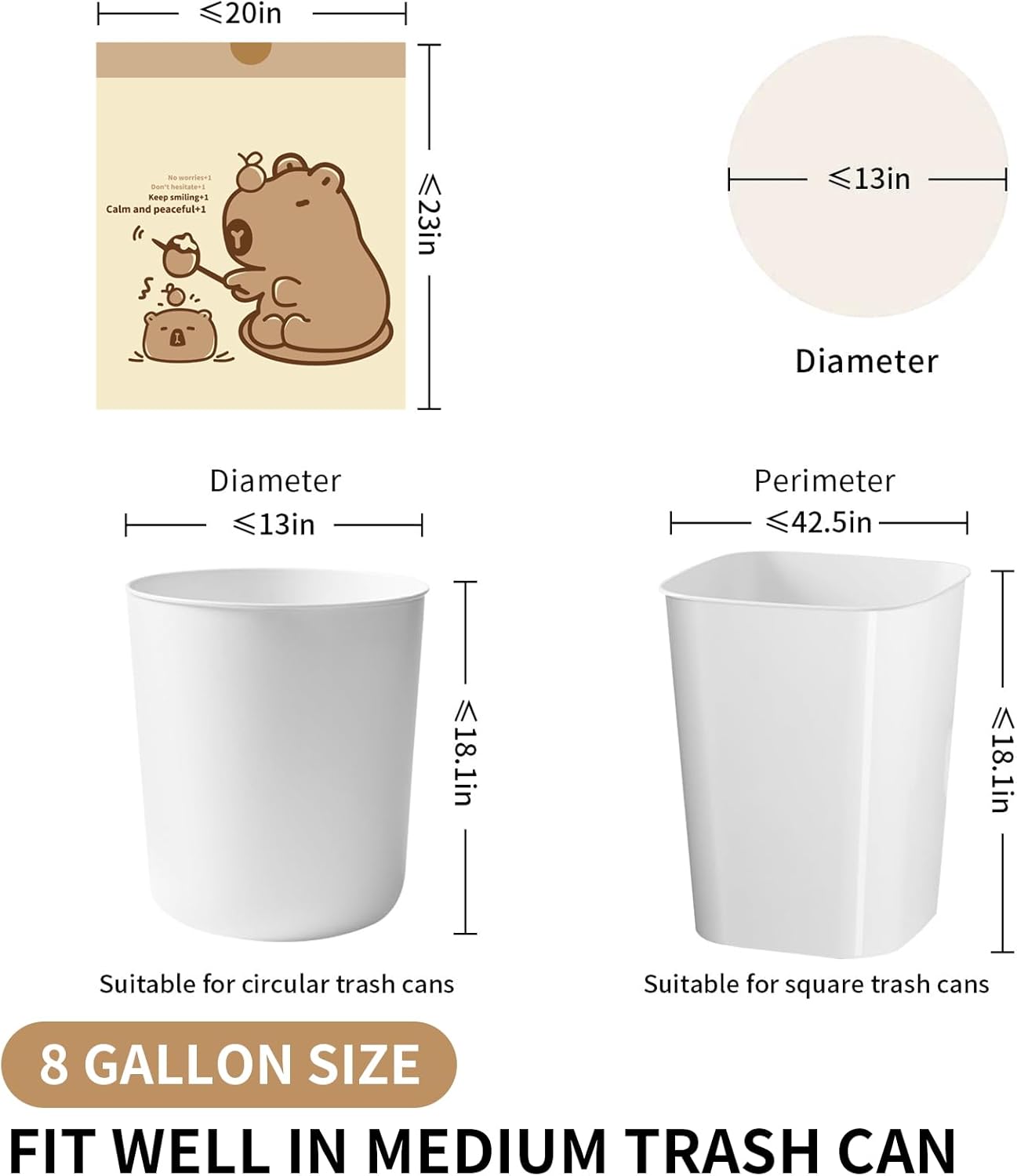 VOK 8 Gallon Trash Bags with Capybara Printed, Drawstring Medium Garbage Bags, Tear-Resistant &