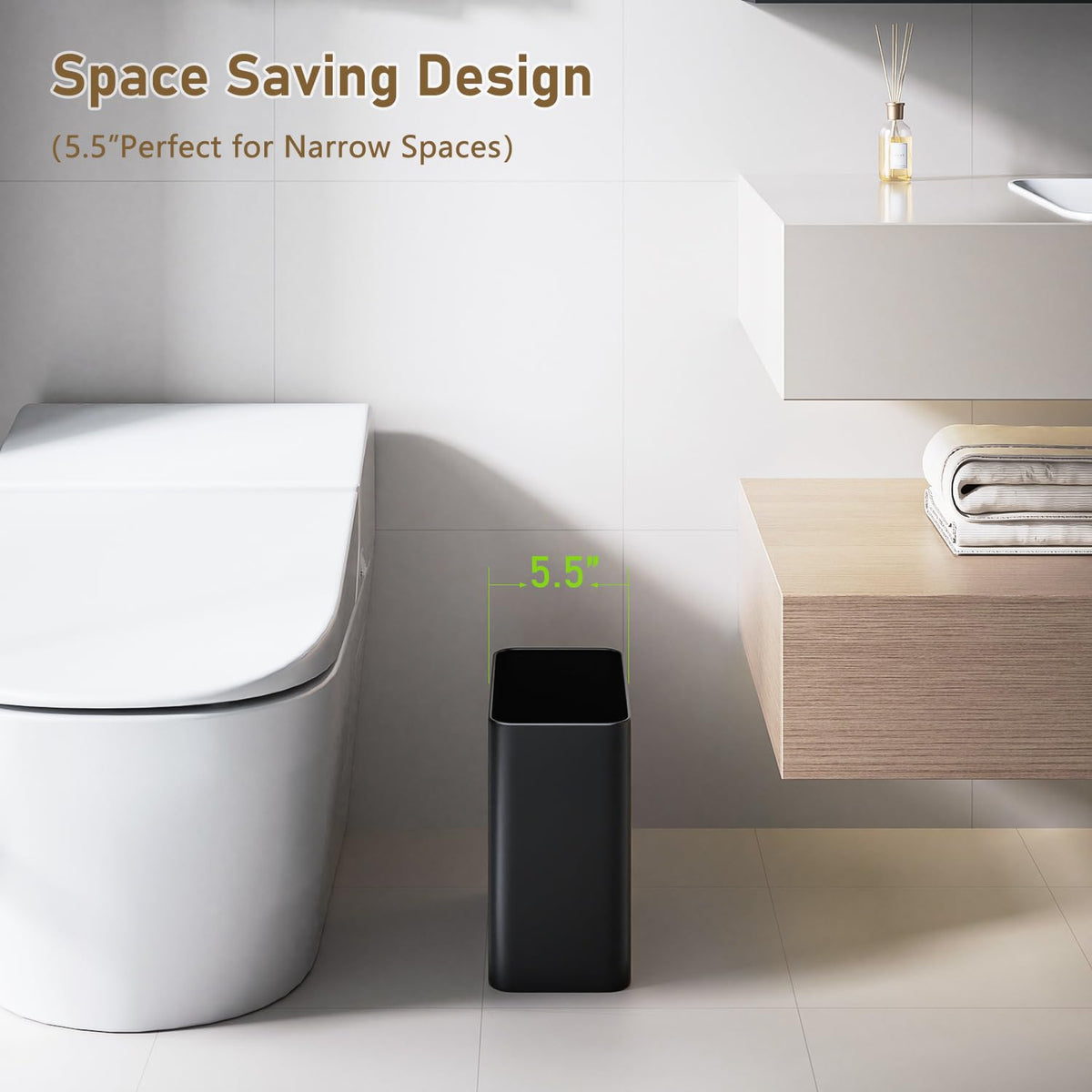 Small Bathroom Trash Can 2.4 Gallon Wastebasket, Slim Metal Garbage Can Matte Black Stainless Steel
