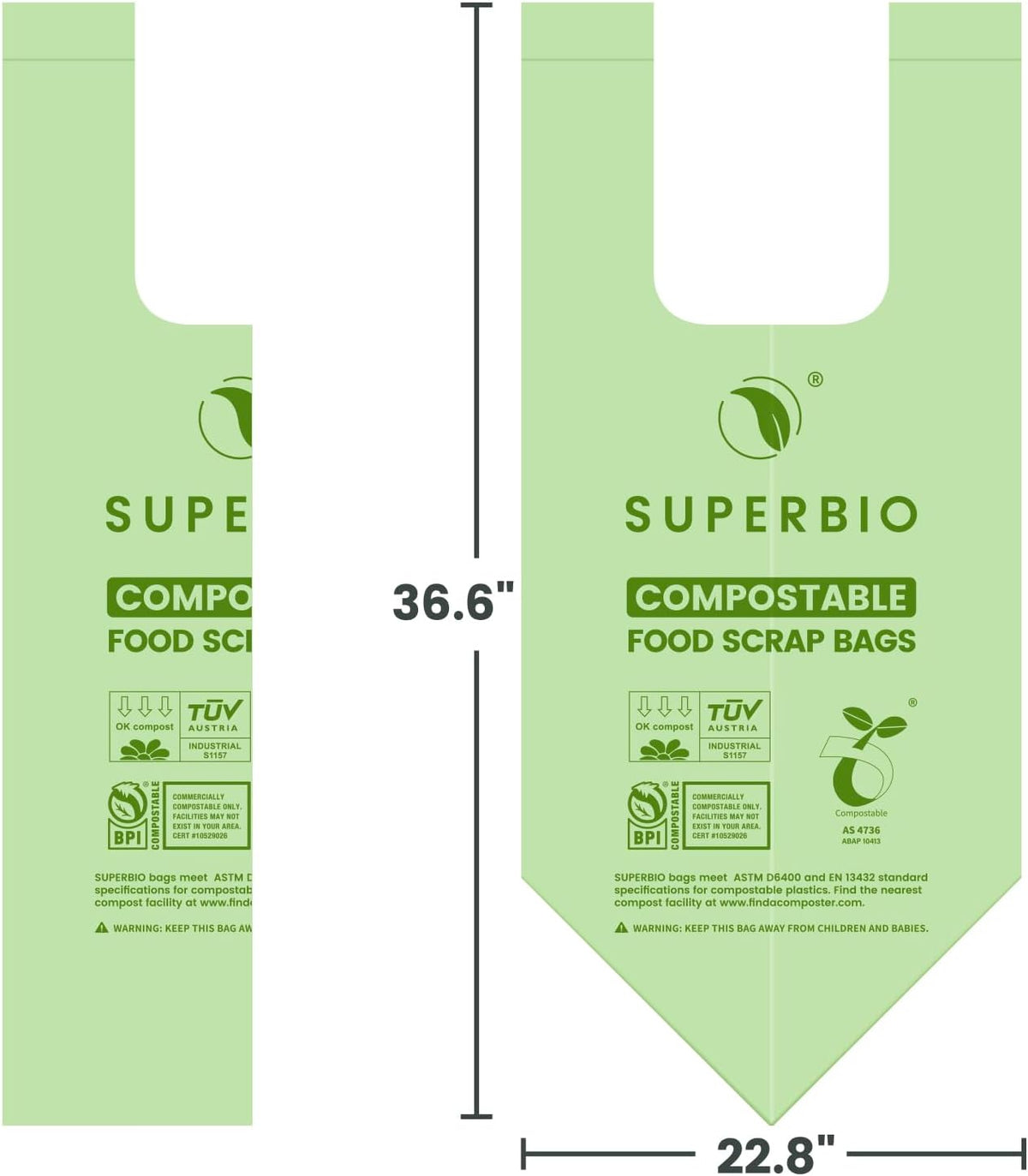 SUPERBIO 13 Gallon Handle Tie Compostable Food Waste Bags, 30 Count, 2 Pack, ASTM D6400, BPI and OK