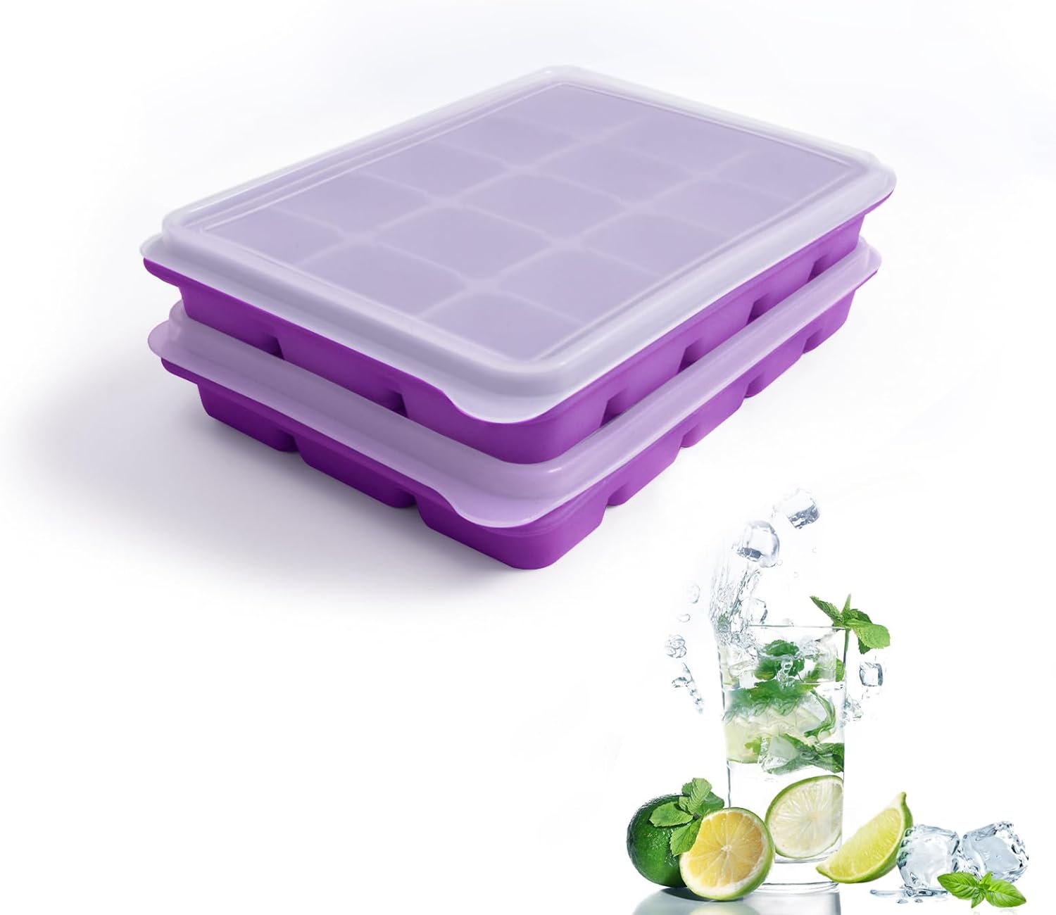 Tvmania Ice Cube Trays Set of 2, Easy Release 15 Flexible Silicone Ice Cube Molds with Removable