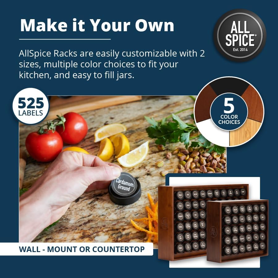 AllSpice Spice Rack Organizer, Wood, 525 Unique Labels, Countertop or Wall Mount, Includes 60 4oz