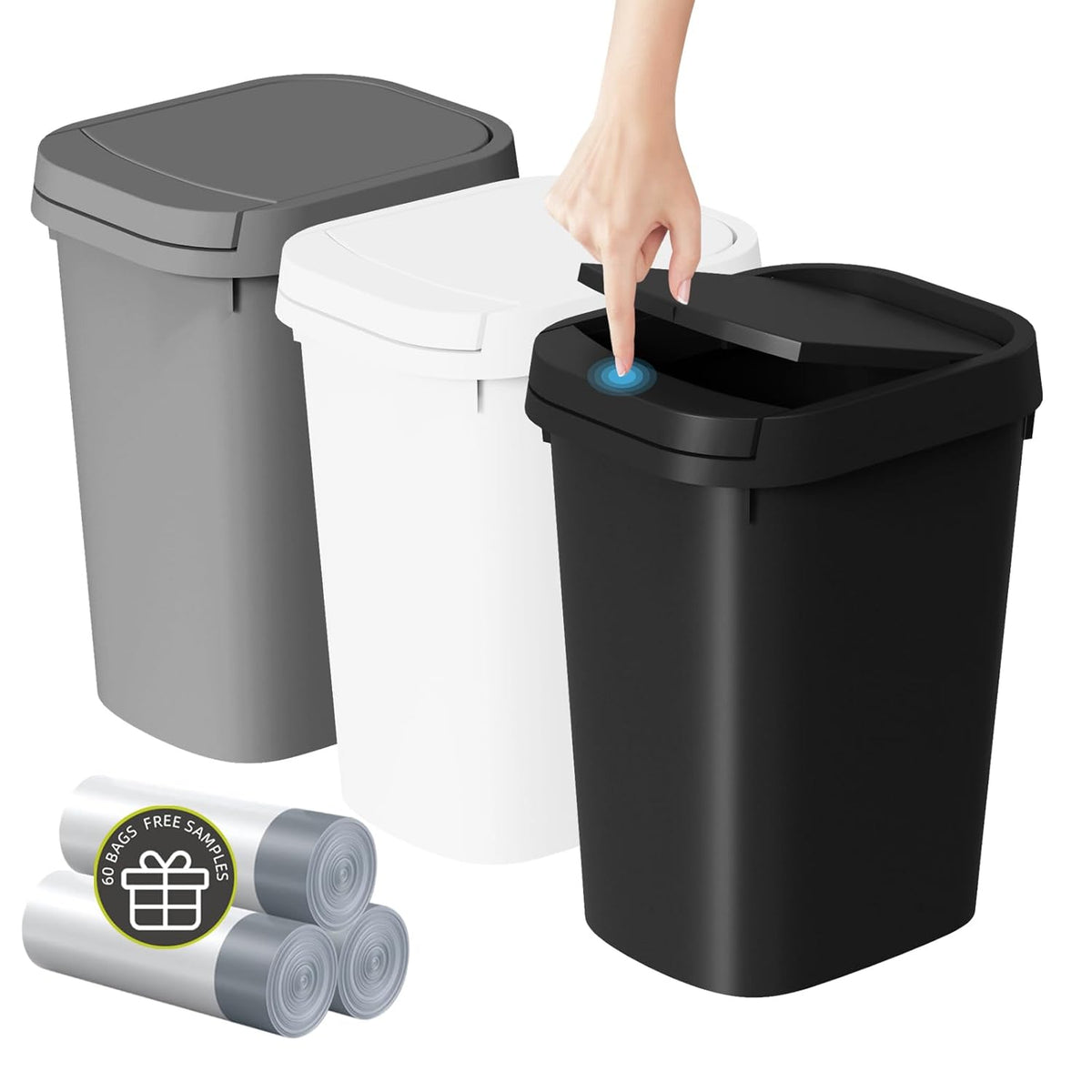 3 Pack Bathroom Small Trash Can with Lid, 2.6 Gallon Slim Garbage Bin with Pop-Up Lid, 10L Plastic