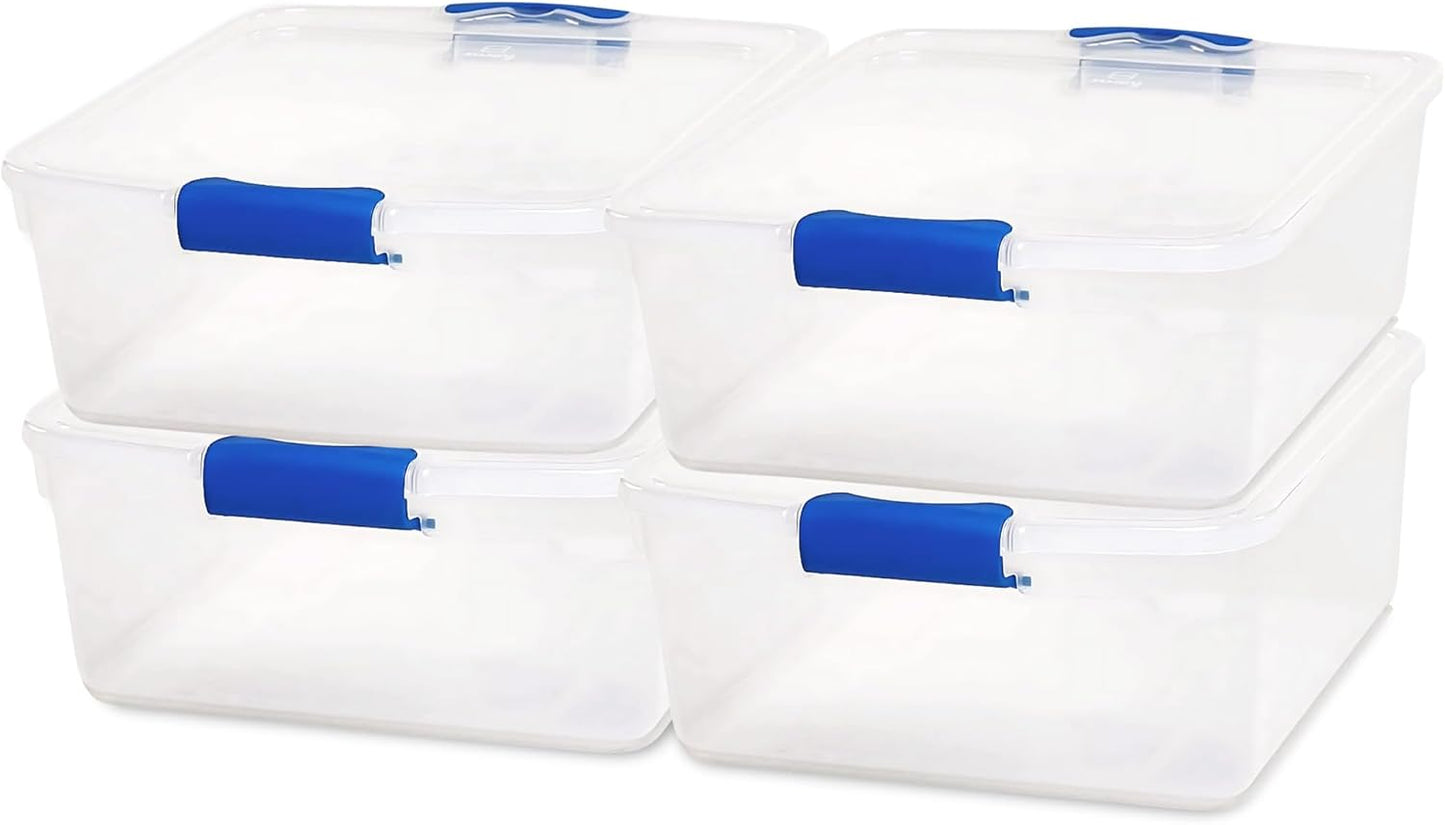 HOMZ 4-Pack Latching Lid, Small Clear Plastic Storage Bins w/ Lids, 15.5 Quart, Blue Latch