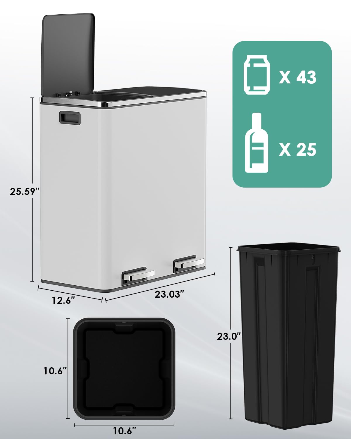 AthLike 60L(16 Gal) Dual Trash Can, Stainless Steel Kitchen Garbage Can, Double Compartment