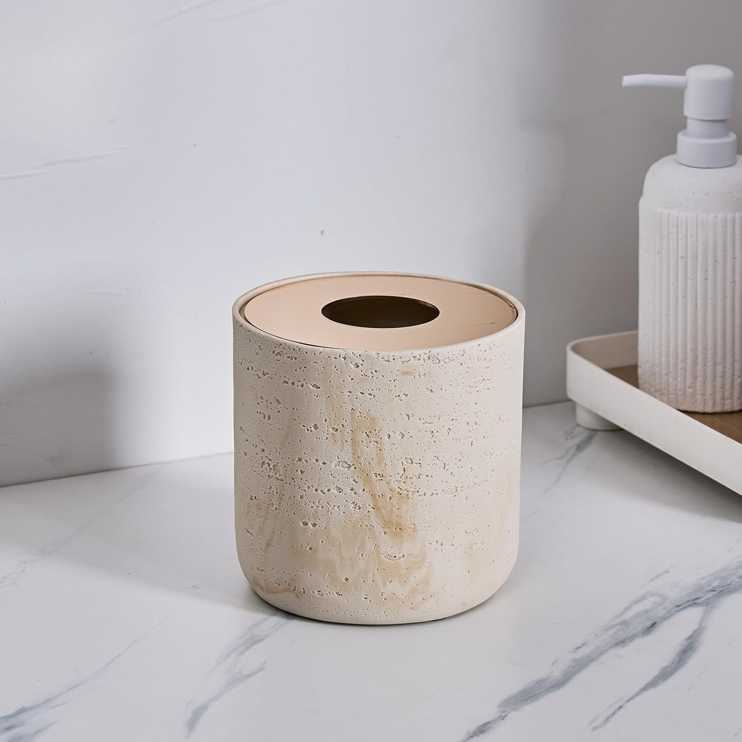 Natural Travertine Textures Mini Trash Can with Rose Gold Stainless Steel Lid, Mini Countertop