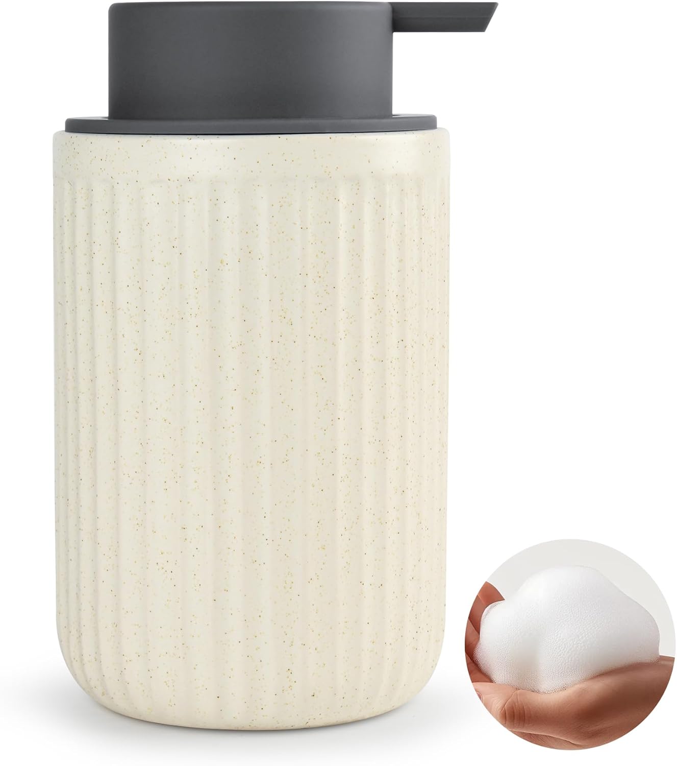 Beige Ceramic Foaming Soap Dispenser, Speckled Rippled 12 oz Bottle with Gray Silicone Pump, Foam