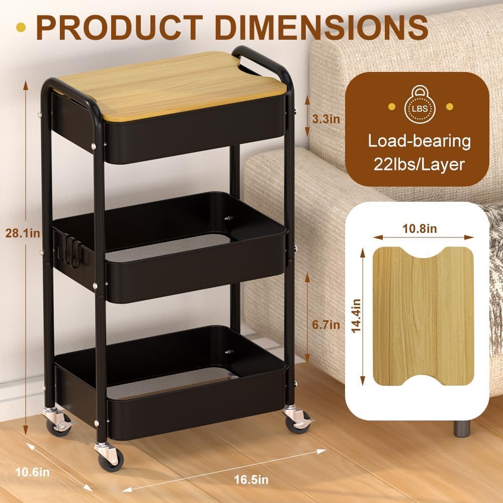 3 Tier Metal Utility Cart, Rolling Storage Cart with Wooden Tabletop, Metal Organizer Cart with