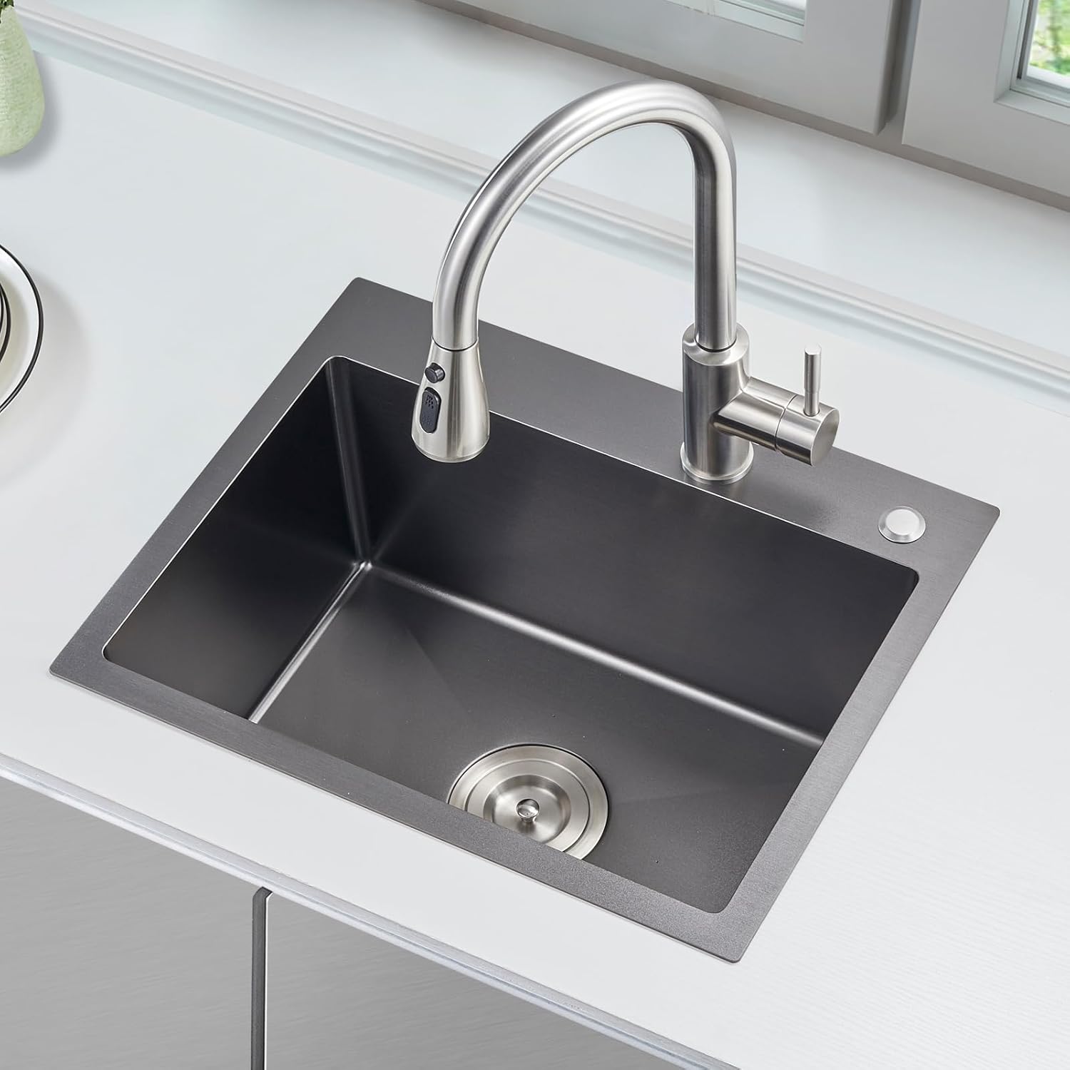 22x18 Inch Drop in Kitchen Sink, Handmade 304 Black Stainless Steel Sink, 9" Deep Single Bowl
