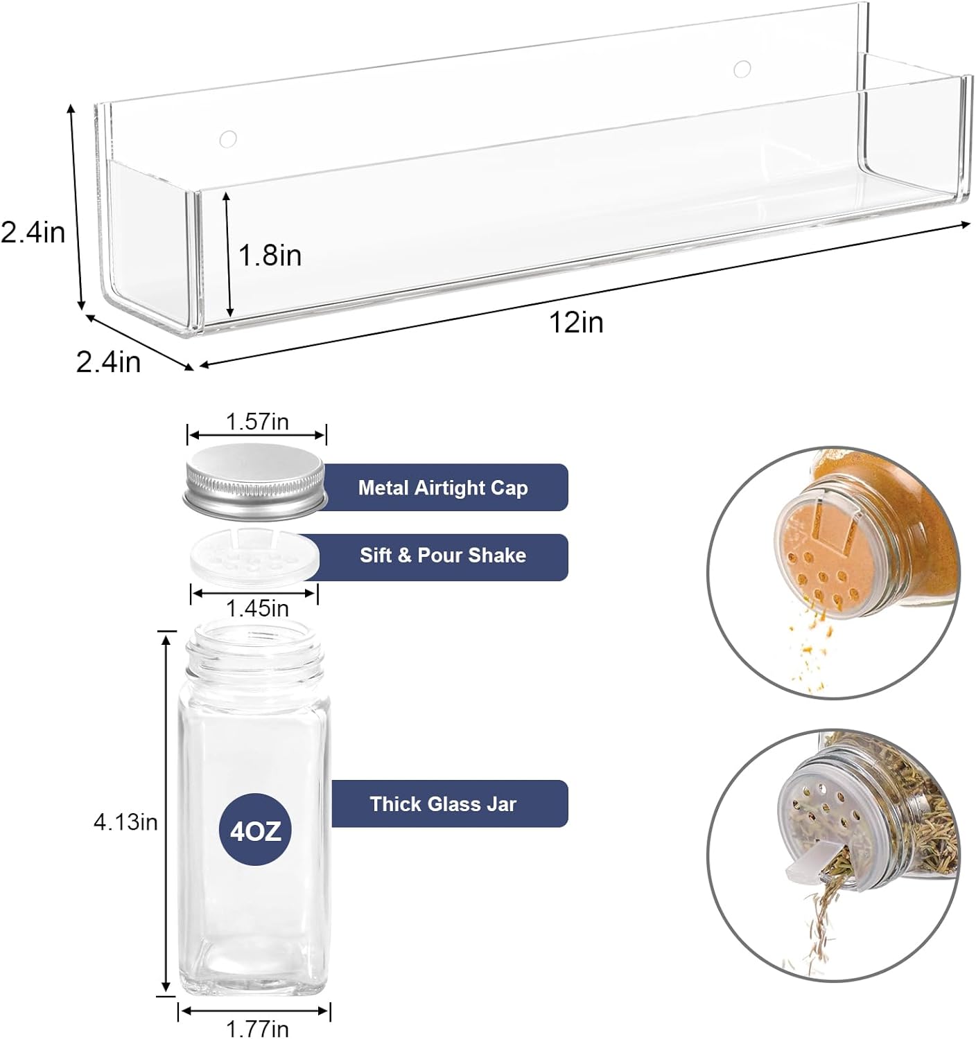 PMMASTO Adhesive Acrylic Spice Rack Organizer with 12 Empty Square Spice Jars, 238 Spice Labels