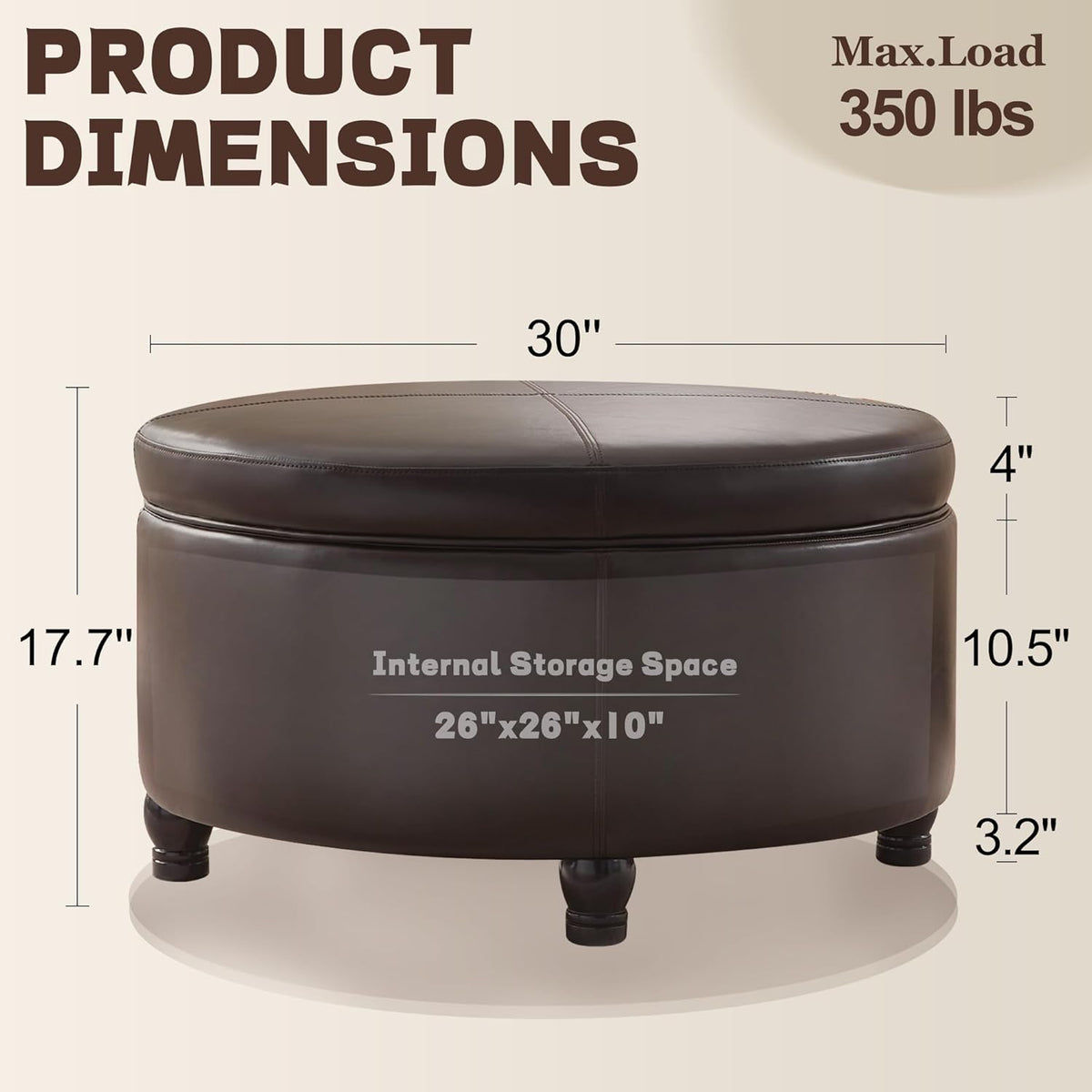 30-Inch Round Storage Ottoman, Modern Ottoman Coffee Table with Removable Top for Living Room