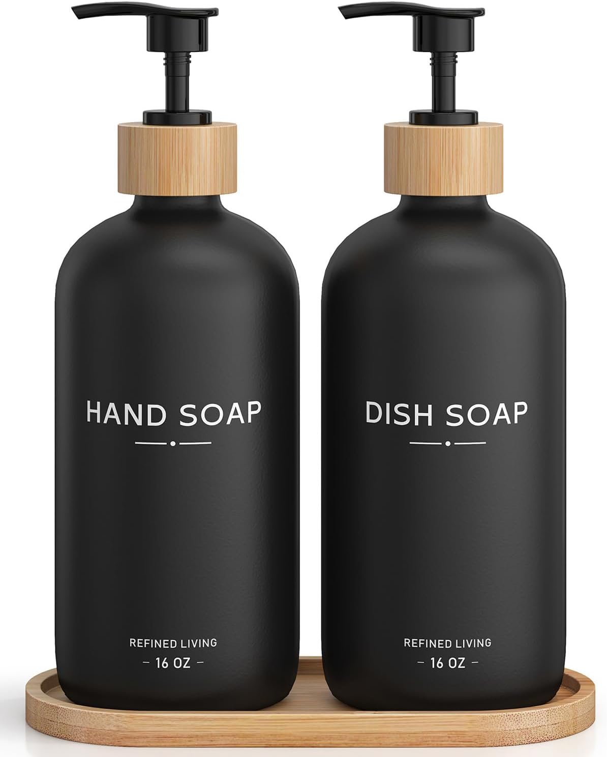 Hand and Dish Soap Dispenser Set,16oz Glass Bottles with Printed Labels, Bamboo Tray &