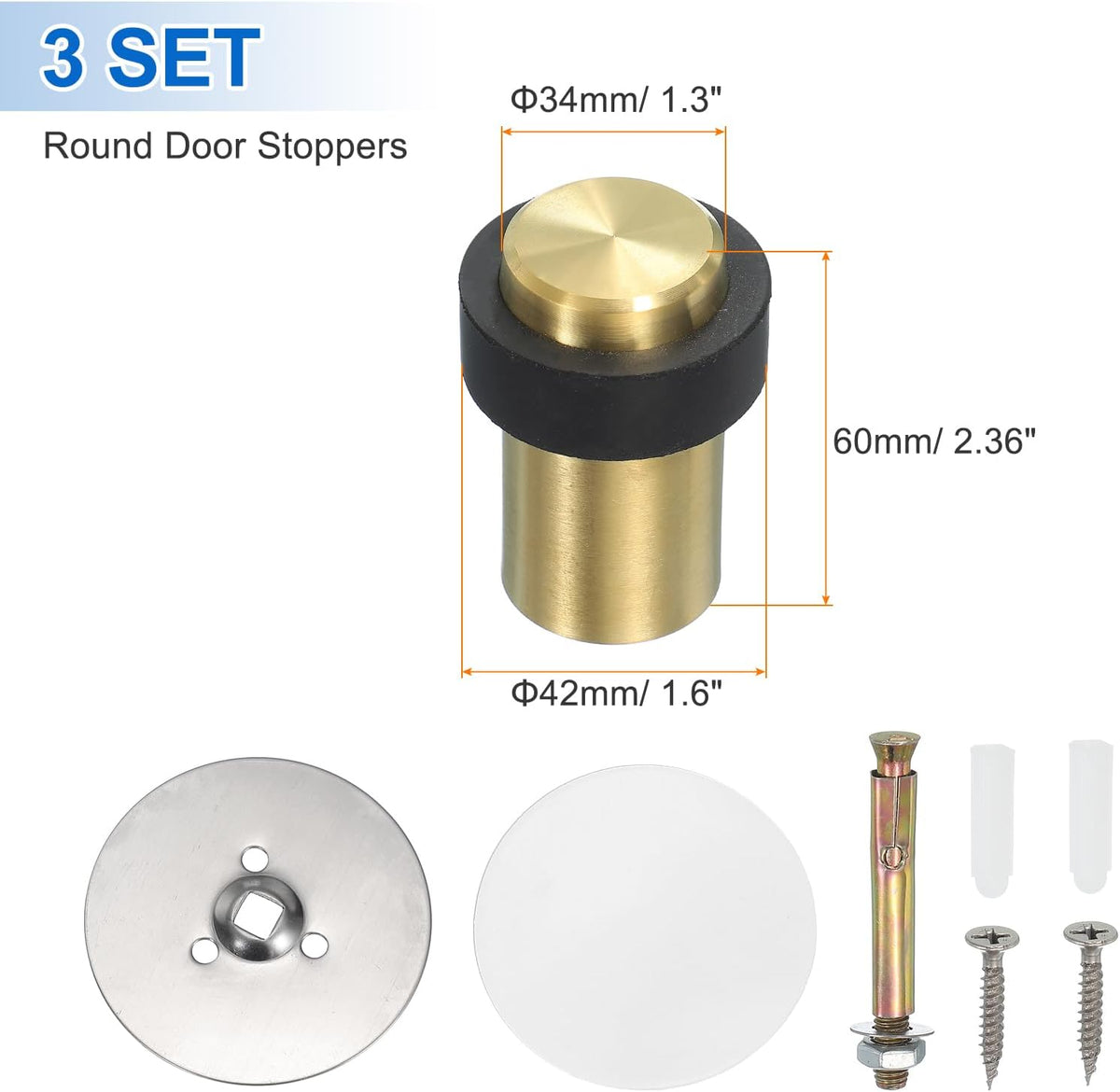 PATIKIL 3Set Round Door Stoppers, 60mm Stainless Steel Door Stop Doorstop Wedge Metal Cylinder Self