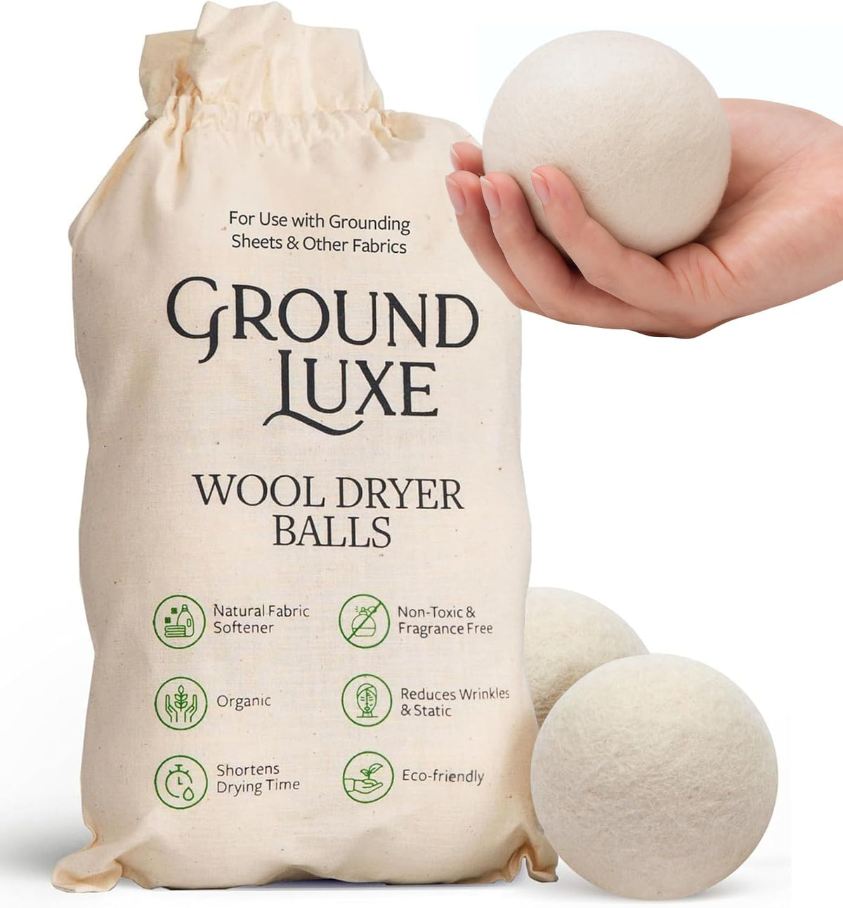 GroundLuxe Premium New Zealand Wool Dryer Balls - 6-Pack, 100% Organic, Hand-Felted, Reusable