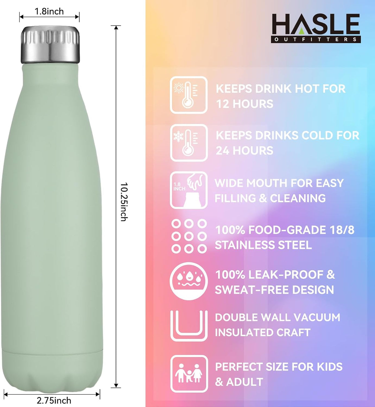 HASLE OUTFITTERS 17oz Stainless Steel Water Bottles, Vacuum Insulated Water Bottles Double Walled